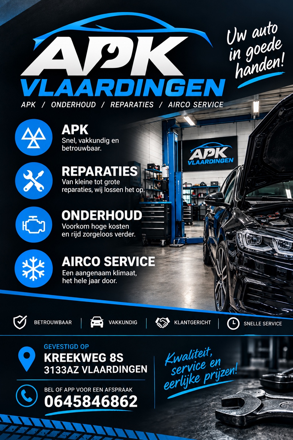 APK Vlaardingen flyer met diensten en garage-uitstraling